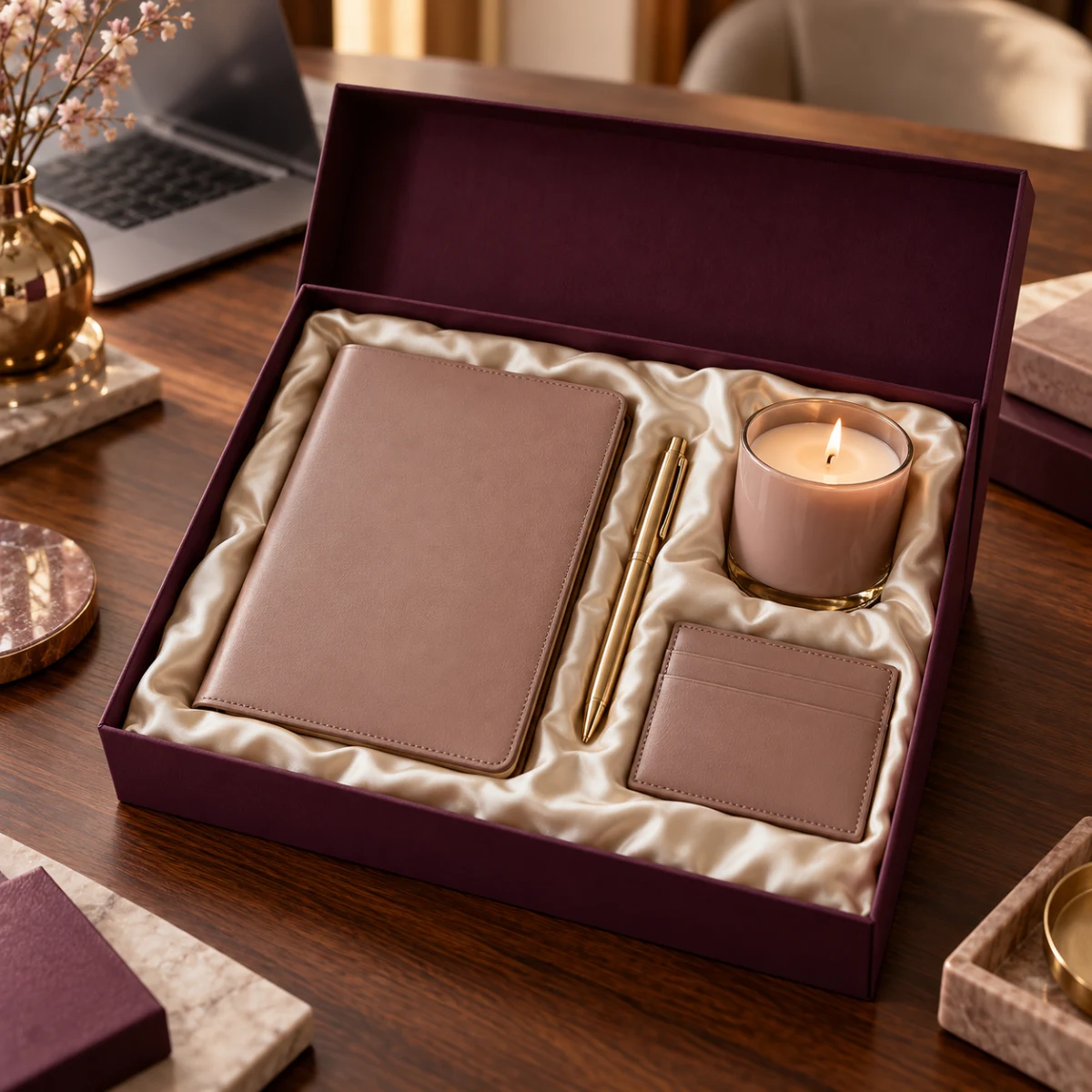 Corporate gift set in plum and gold