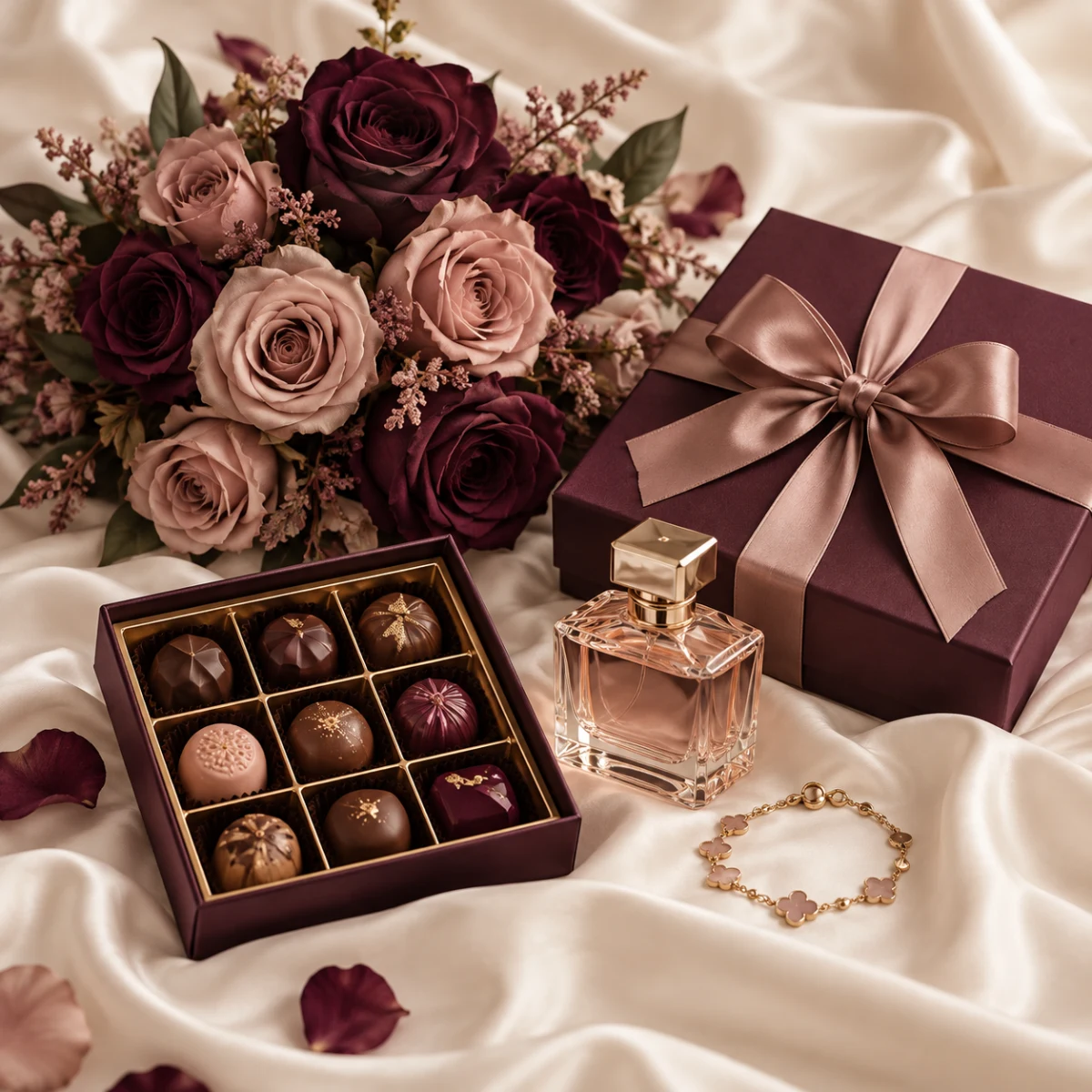 Rose bouquet with gift boxes