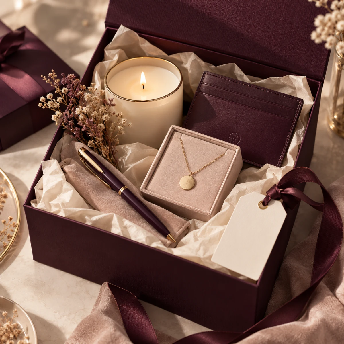 Hands tying a plum ribbon on a gift box