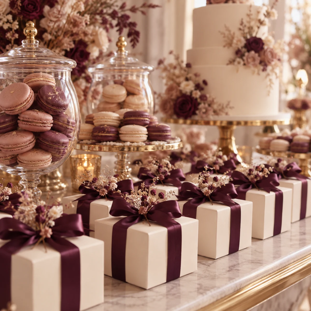 Party favour gift boxes with gold ribbons