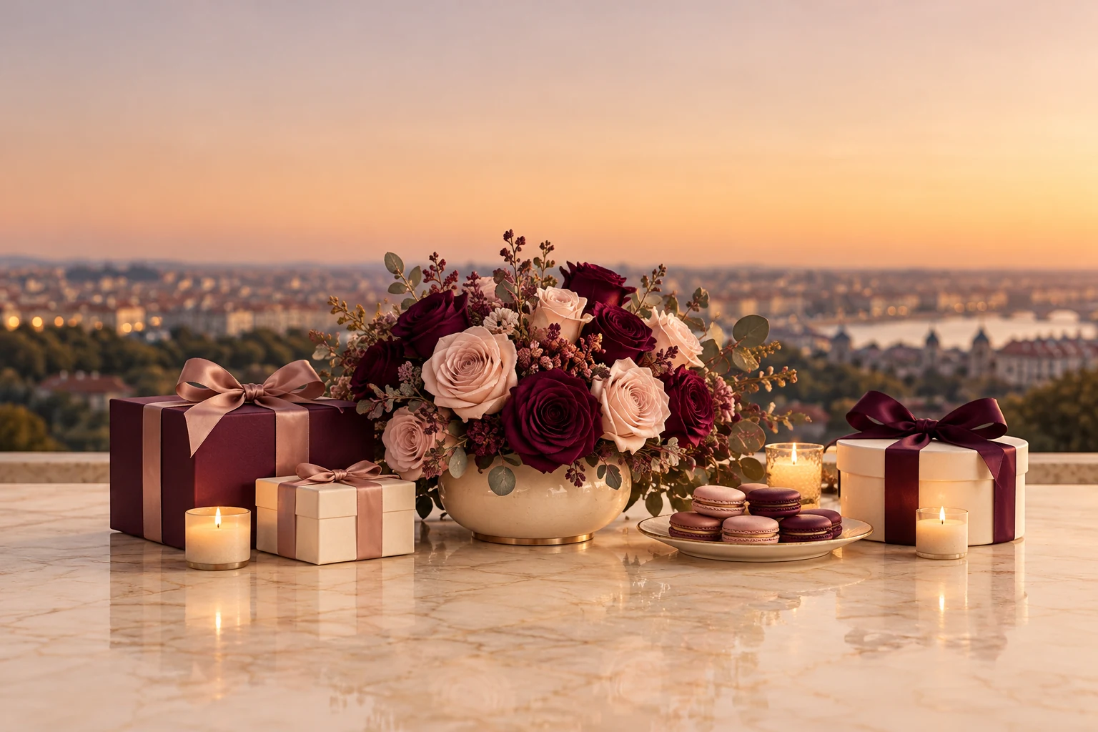 Luxury gift box with plum ribbon and Dubai skyline